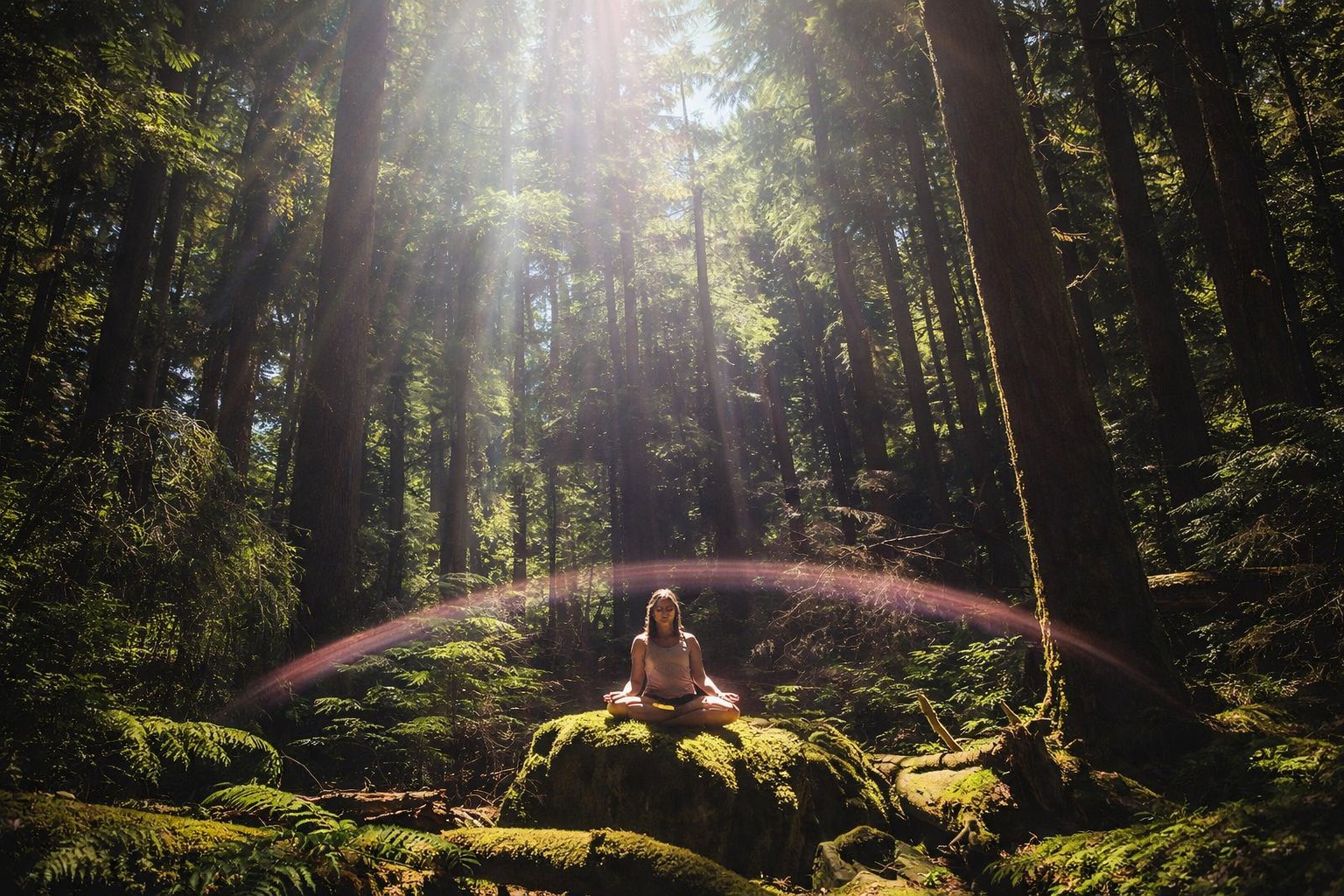 Person meditating on moss-covered ground in a sunlit forest surrounded by tall trees